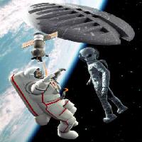 Pixwords Das Bild mit raum, alien, astronaut, Satelliten, Raumschiff, Erde, Kosmos Luca Oleastri - Dreamstime