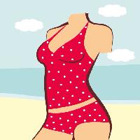 Pixwords Das Bild mit eine Frau, Körper, rot, anzug, Bad, Strand, Wasser, Wolken, Kleidung Anvtim
