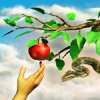 Pixwords Das Bild mit Apfel, Schlange, Zweig, grün, Blätter, hand Andreus - Dreamstime